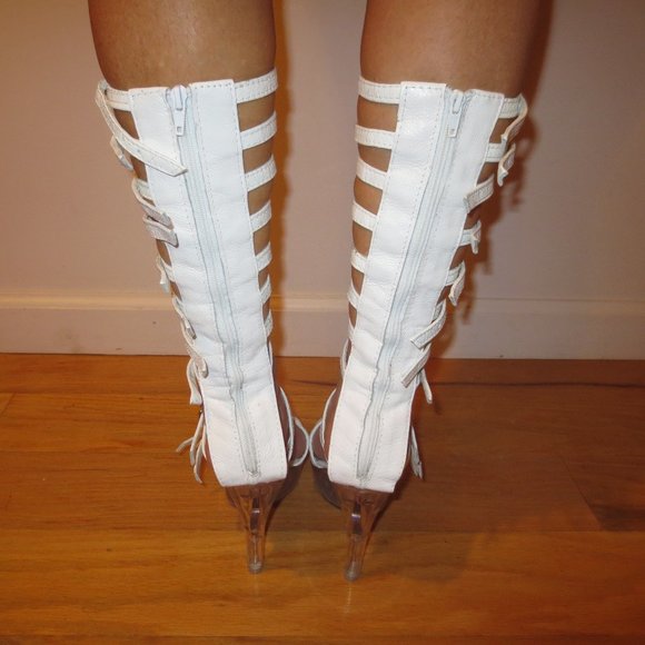 NIB Custom Made Leg Strapped White Leather High Heel Platform Sandals - Picture 5 of 15